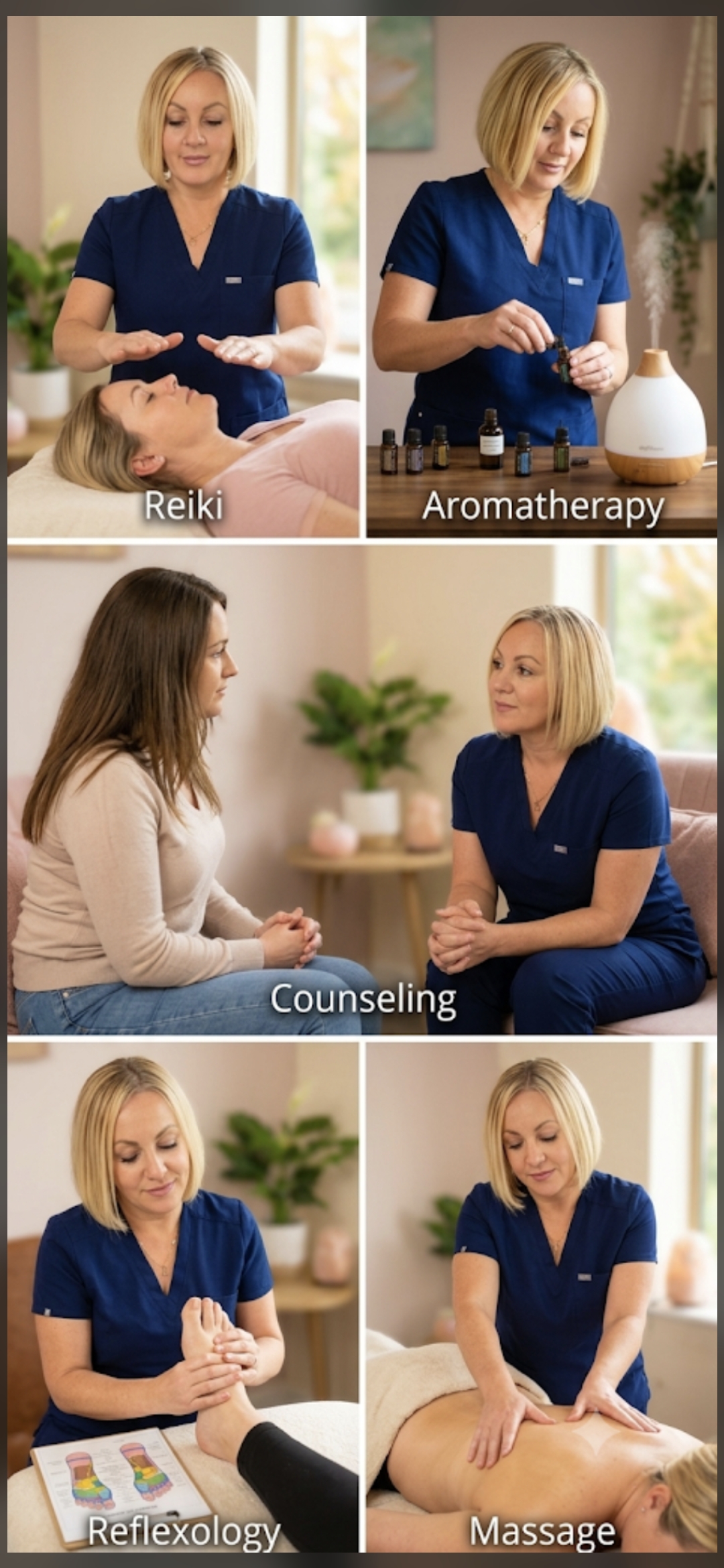 The calm Sage Therapies treatment room with sage green walls and botanical prints