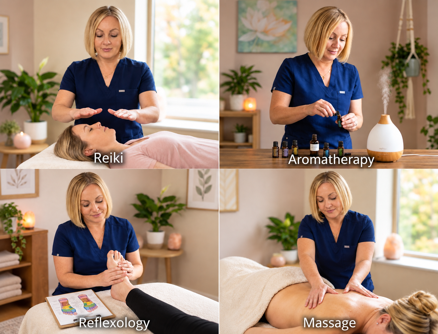A collage of holistic bodywork treatments including Reiki, aromatherapy, reflexology and massage at Sage Therapies